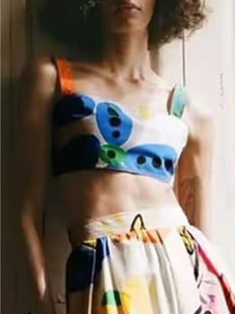 Zara‎ White Crop Top with Blue, Green & Orange Accents